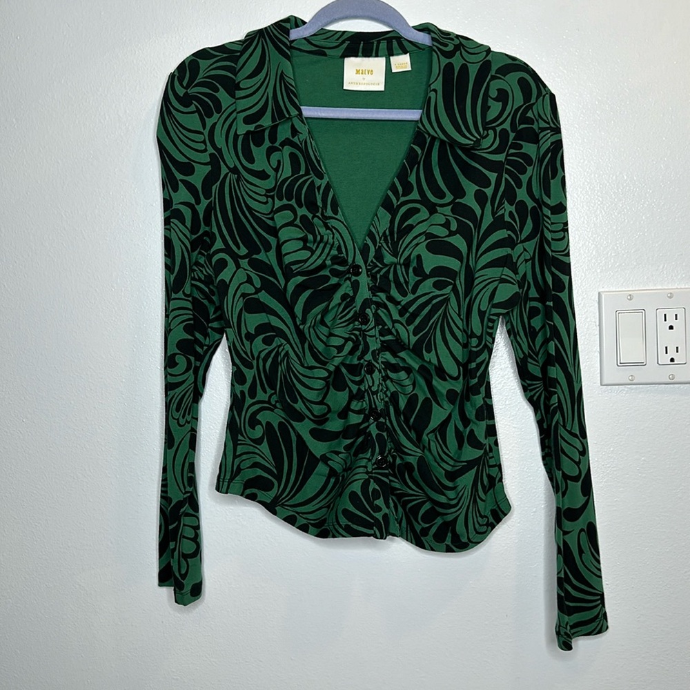 Maeve x Anthropologie green Black Retro Print Button down Top